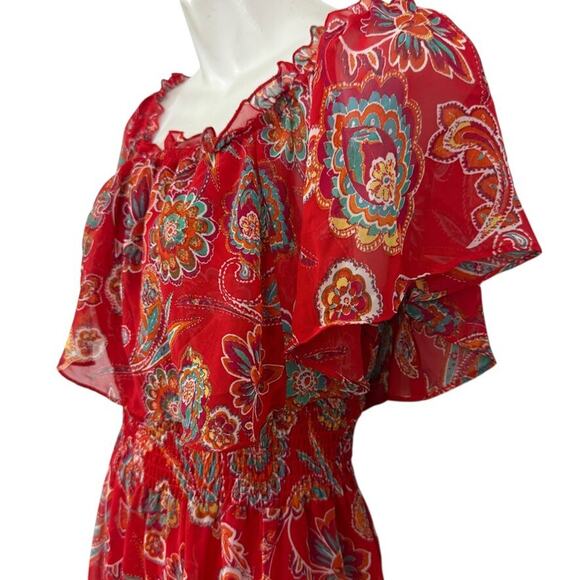 Rabbit Designs Womens Floral Red Maxi Ruffle Smocked Waist Peasant Dress NWT 10 - Picture 11 of 16